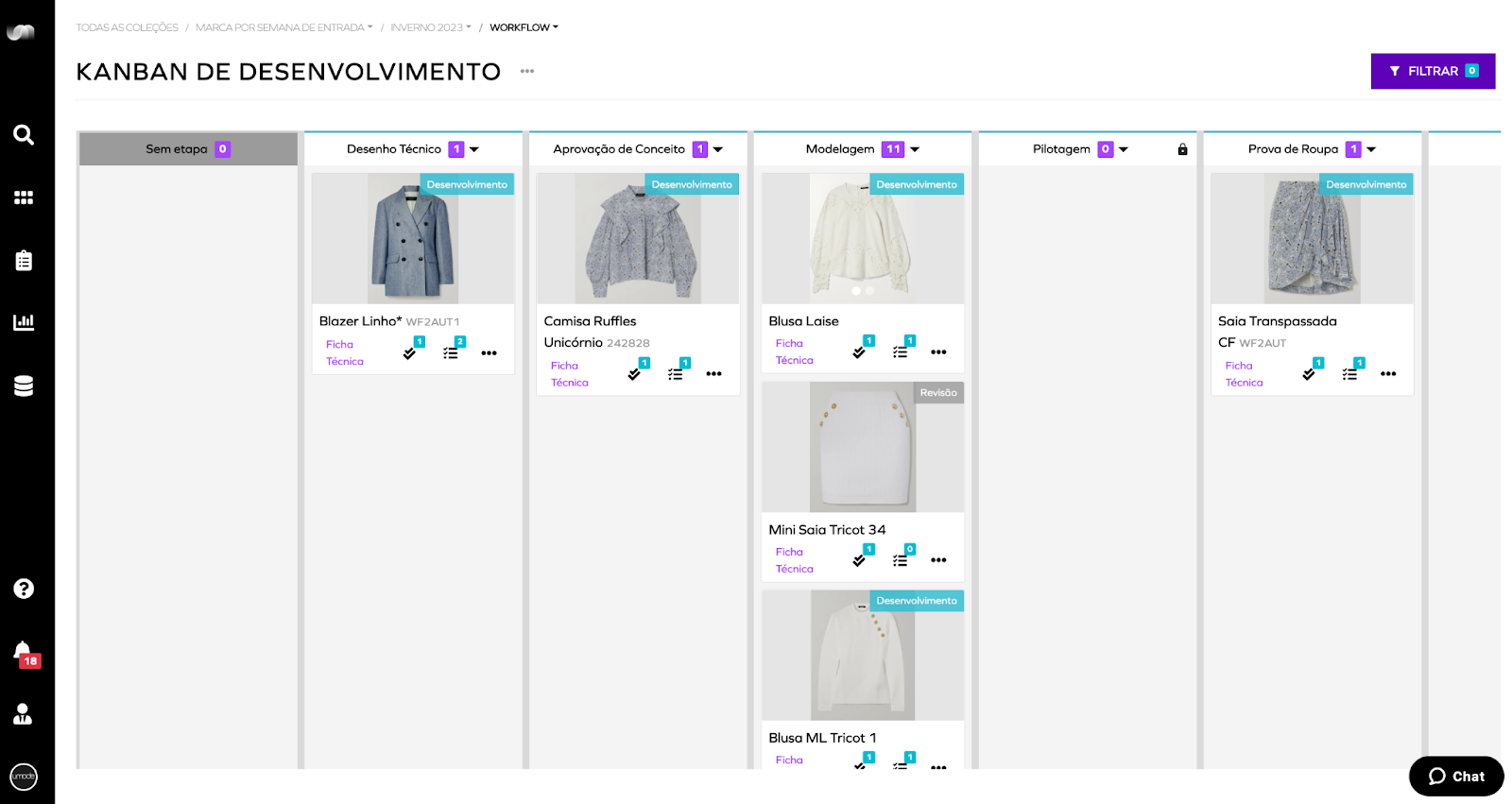 Tela de workflow no Fashion PLM em formato Kanban